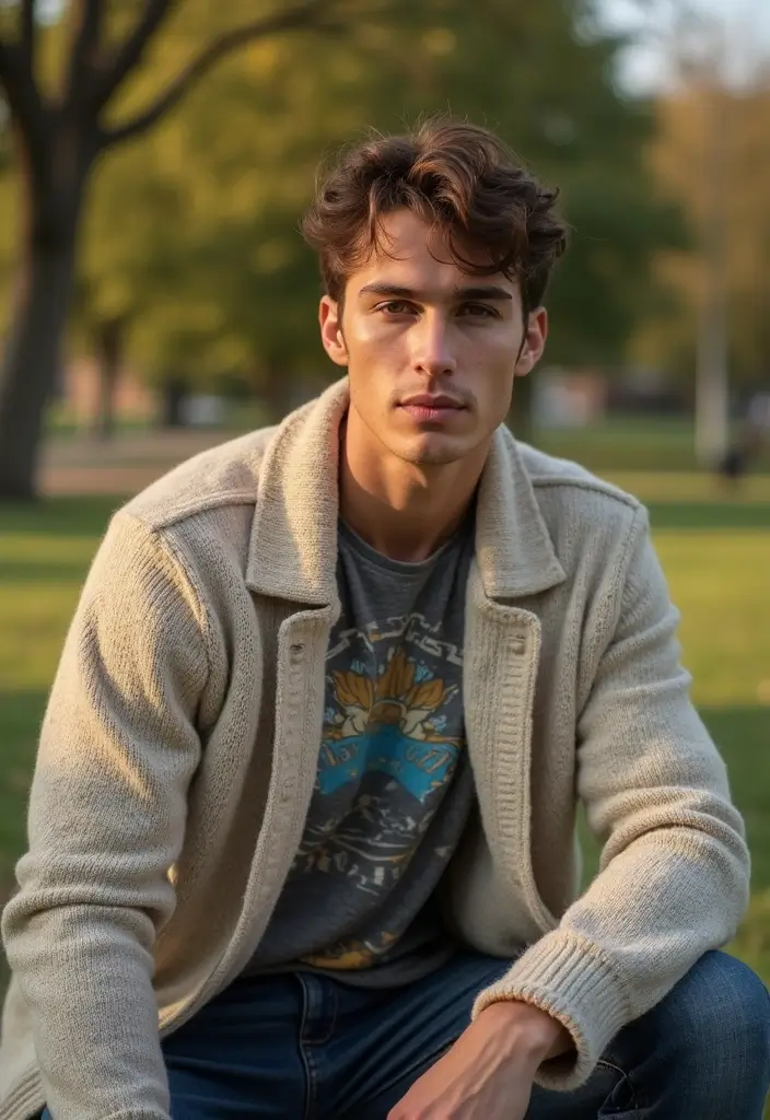 28 Chic Boy Outfit Ideas To Copy Right Now - 22. Stylish Cardigan over a Printed Tee