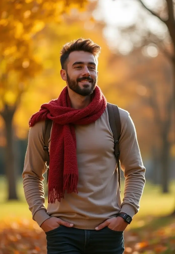 28 Chic Boy Outfit Ideas To Copy Right Now - 25. Layering with a Scarf and Long-sleeve Tee