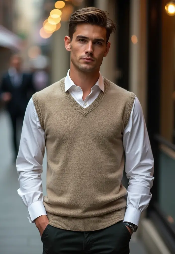 28 Chic Boy Outfit Ideas To Copy Right Now - 26. Preppy Look with Sweater Vest and Button-Up