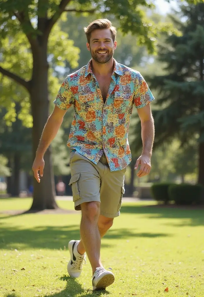 28 Chic Boy Outfit Ideas To Copy Right Now - 3. Printed Button-Up with Cargo Shorts