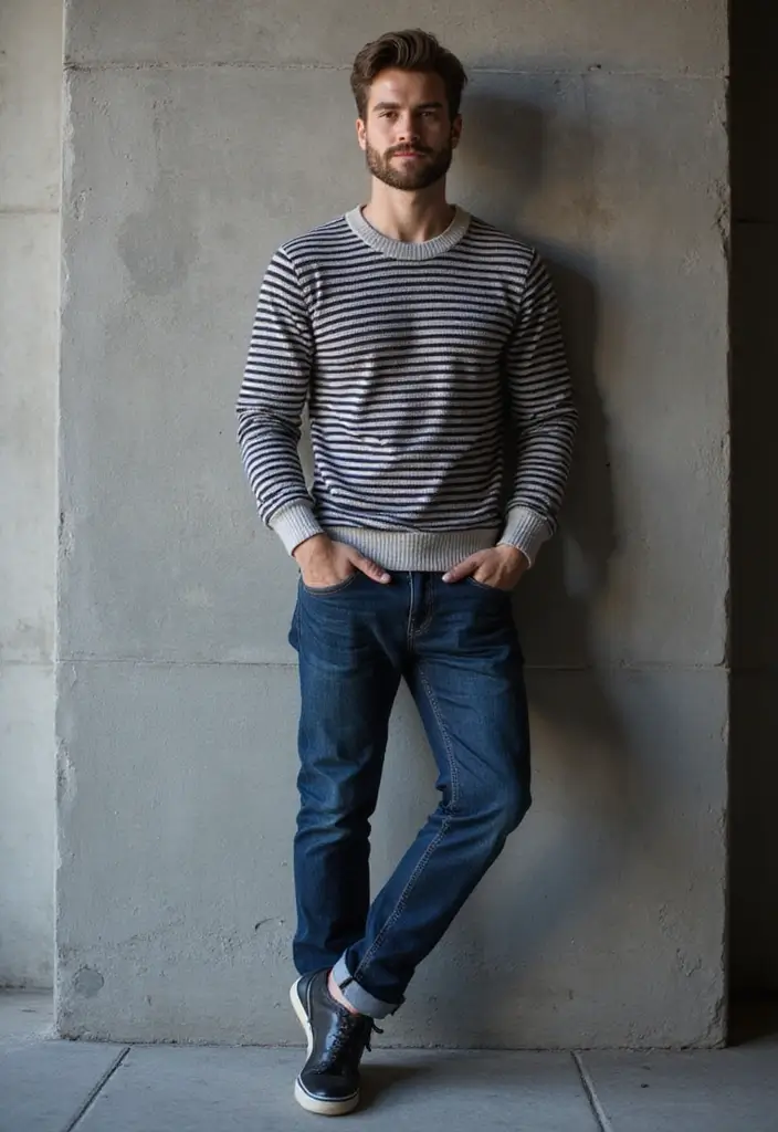 28 Chic Boy Outfit Ideas To Copy Right Now - 6. Striped Sweater with Jeans