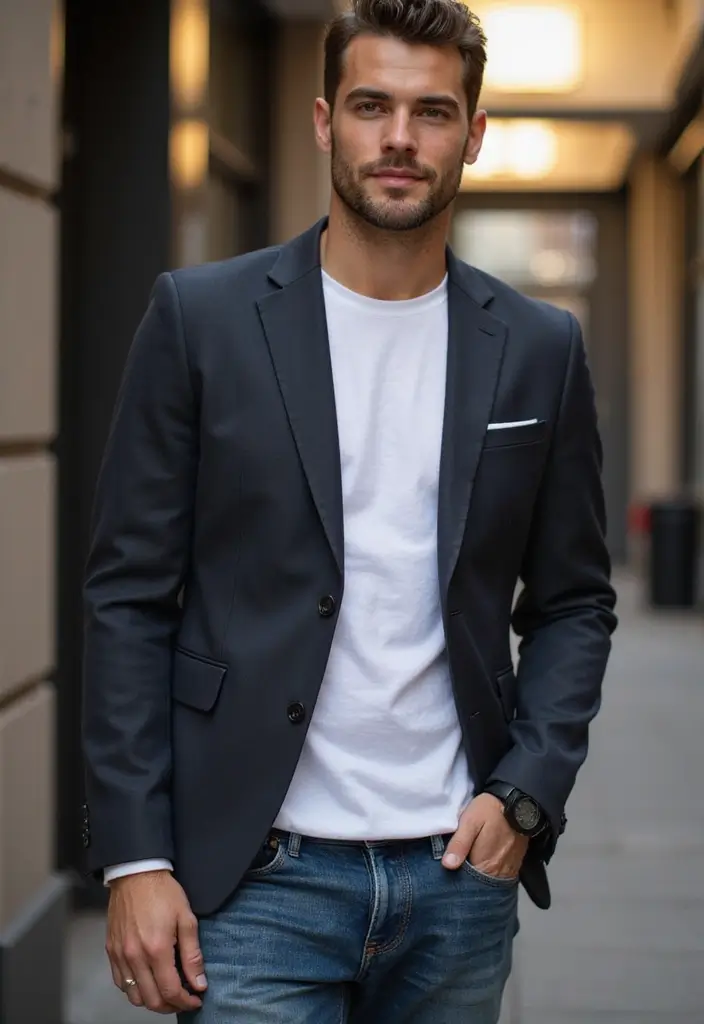 28 Chic Boy Outfit Ideas To Copy Right Now - 7. Casual Blazer with T-Shirt and Jeans