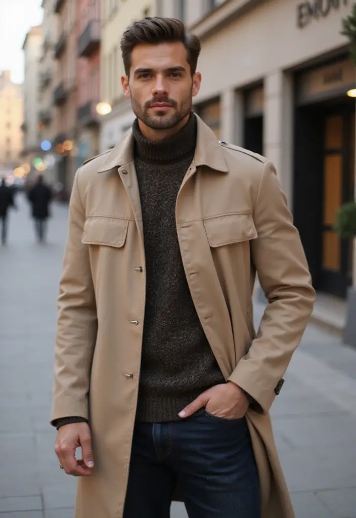 28 Chic Boy Outfit Ideas To Copy Right Now - 9. Lightweight Trench Coat over a Sweater