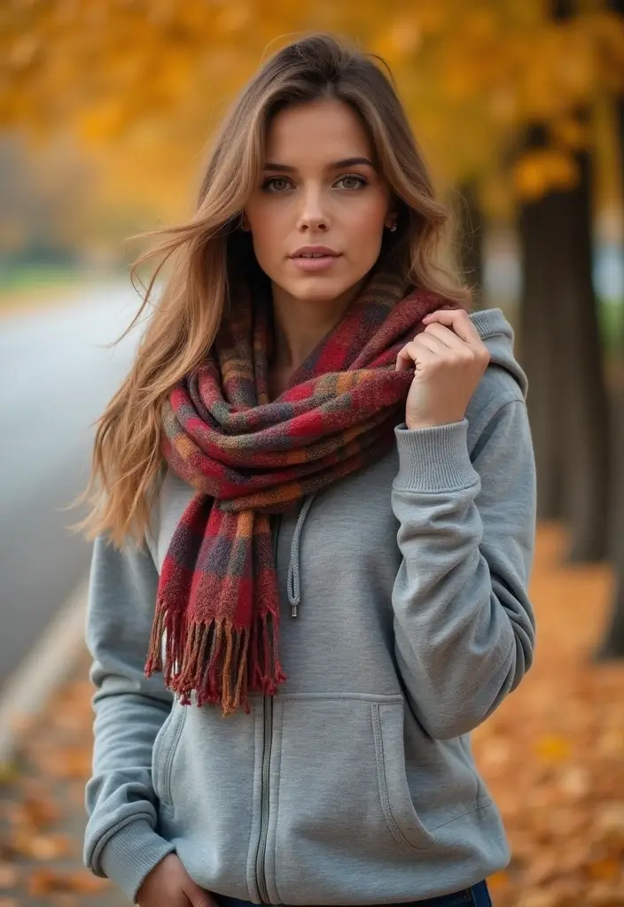 28 Gray Hoodie Outfit Looks That Will Upgrade Your Wardrobe - 16. Hoodie Styled with Scarves