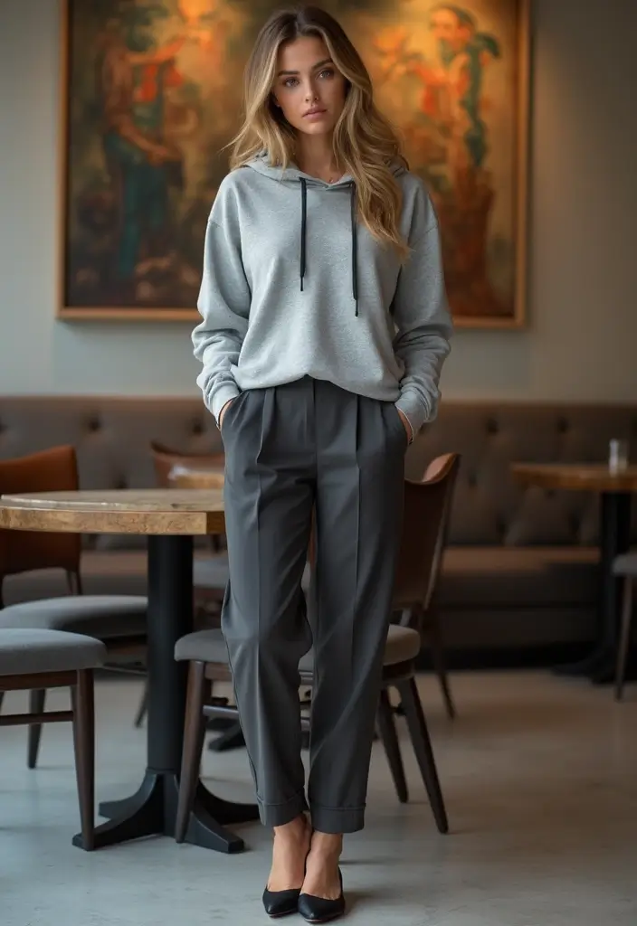 28 Gray Hoodie Outfit Looks That Will Upgrade Your Wardrobe - 4. The Dressy Hoodie
