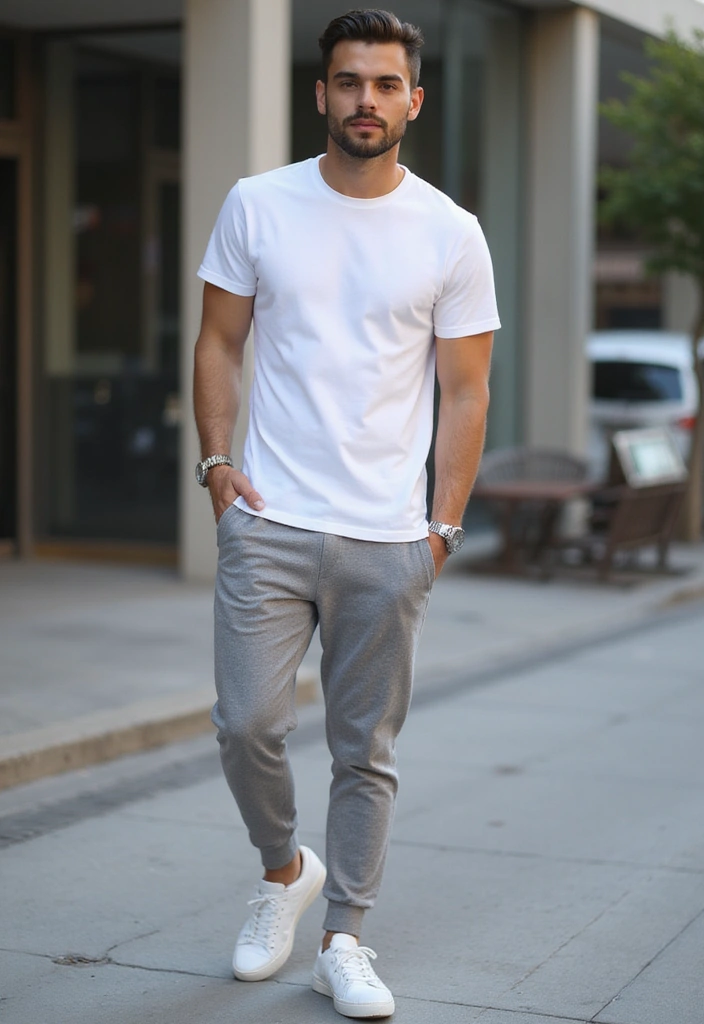 28 Grey Sweatpants Outfit Men That Flatter Every Figure - 1. Classic White Tee and Grey Sweatpants