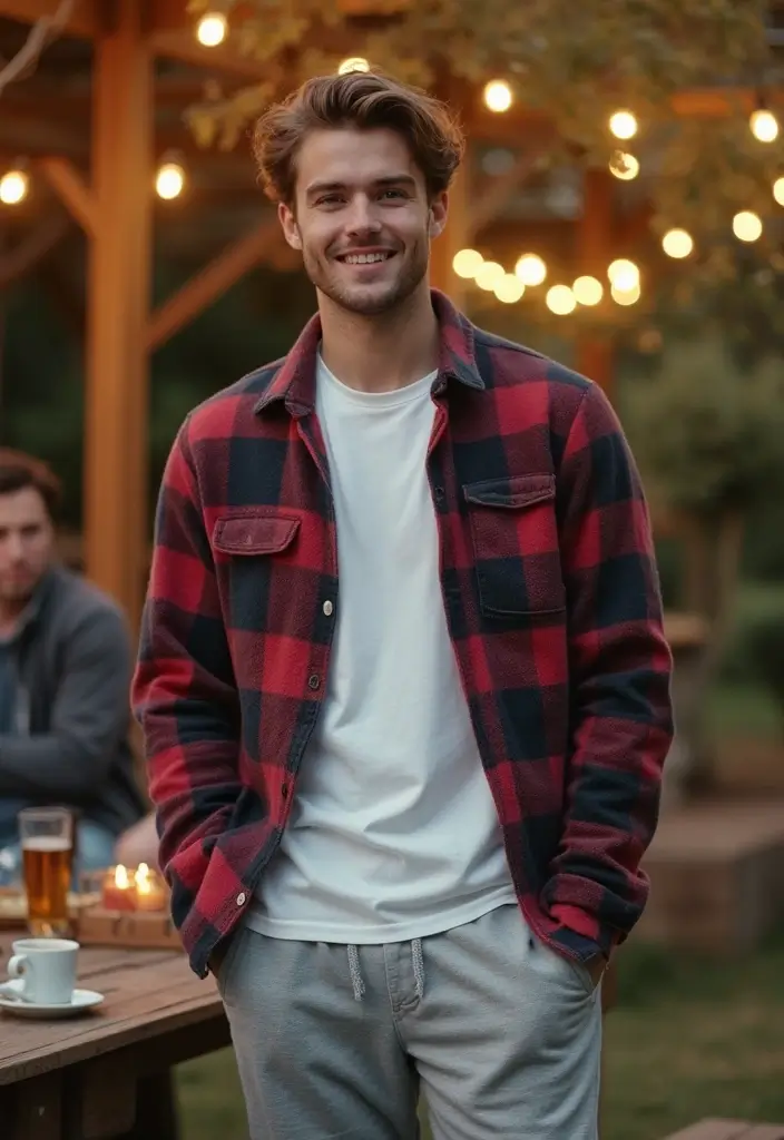 28 Grey Sweatpants Outfit Men That Flatter Every Figure - 11. Flannel Shirt for a Cozy Vibe