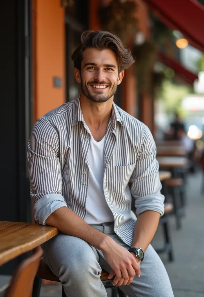 28 Grey Sweatpants Outfit Men That Flatter Every Figure - 13. Striped Shirt and Grey Sweatpants