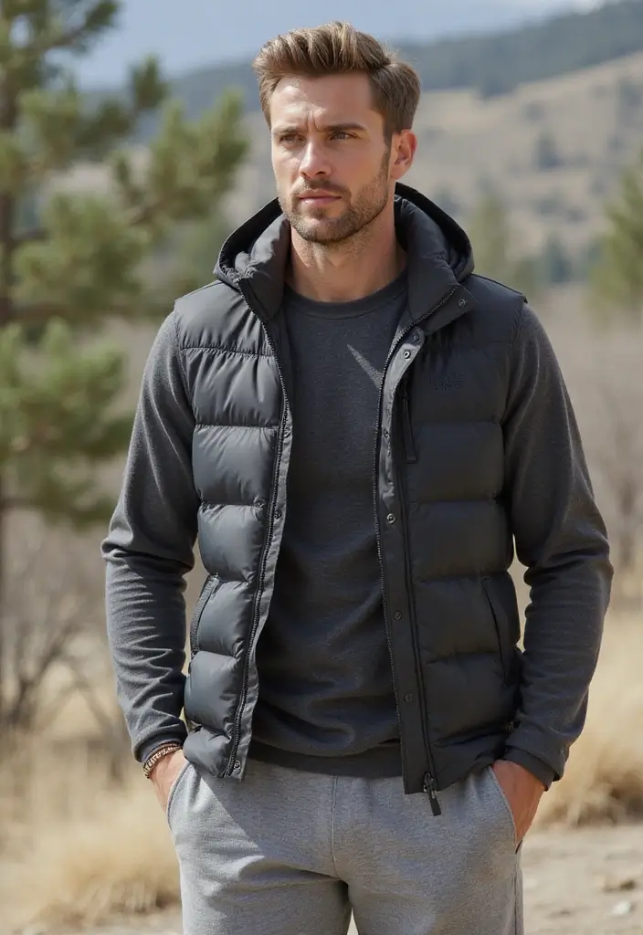 28 Grey Sweatpants Outfit Men That Flatter Every Figure - 14. Layered with a Puffer Vest