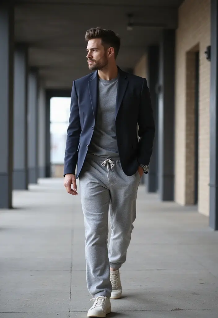 28 Grey Sweatpants Outfit Men That Flatter Every Figure - 17. Fitted Blazer Over Sweatpants