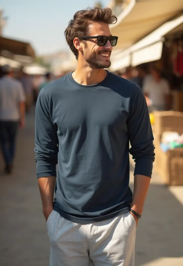 28 Grey Sweatpants Outfit Men That Flatter Every Figure - 19. Casual Long Sleeve Shirt with Sweatpants