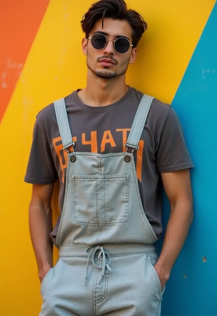 28 Grey Sweatpants Outfit Men That Flatter Every Figure - 20. Layered Look with Graphic Tee and Overalls