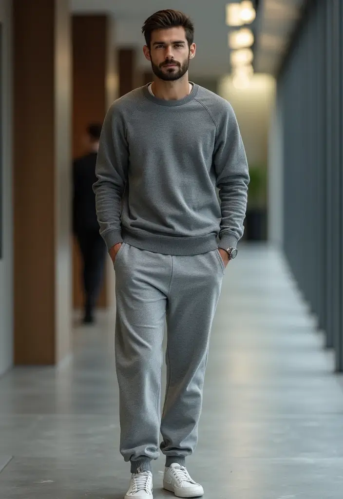28 Grey Sweatpants Outfit Men That Flatter Every Figure - 21. Casual Work Outfit with a Pullover and Sweatpants