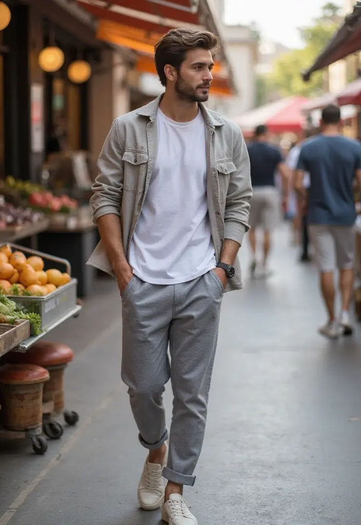 28 Grey Sweatpants Outfit Men That Flatter Every Figure - 22. Simple Tee with a Light Jacket