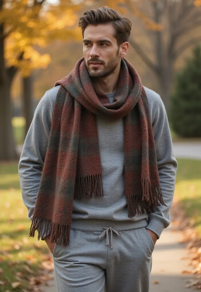28 Grey Sweatpants Outfit Men That Flatter Every Figure - 24. Cozy Blanket Scarf with Sweatpants