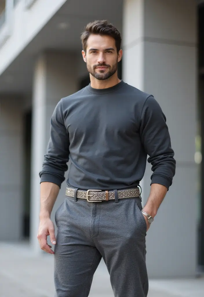 28 Grey Sweatpants Outfit Men That Flatter Every Figure - 25. Stylish Belt with Grey Sweatpants