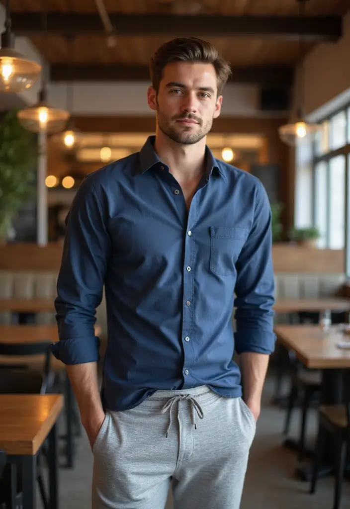 28 Grey Sweatpants Outfit Men That Flatter Every Figure - 3. Casual Button-Down with Grey Sweatpants