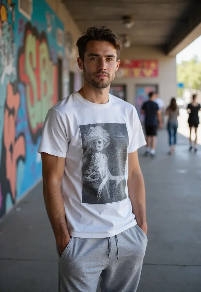 28 Grey Sweatpants Outfit Men That Flatter Every Figure - 6. Graphic Tee with Grey Sweatpants