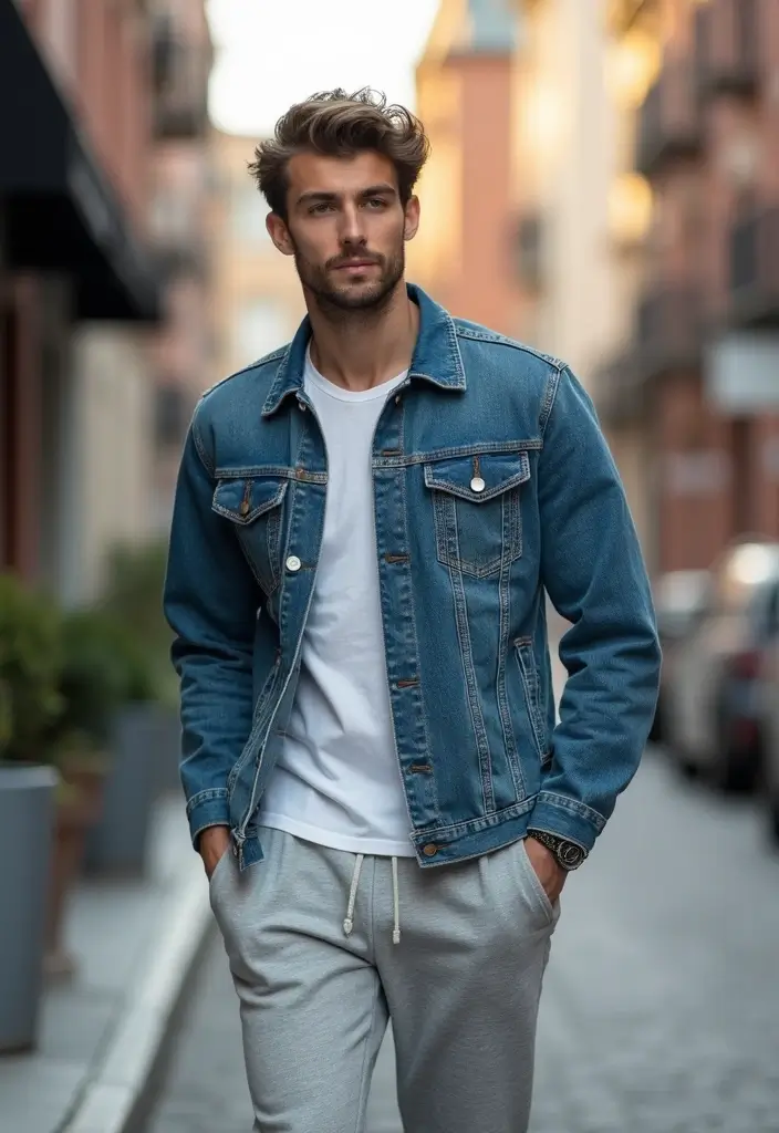 28 Grey Sweatpants Outfit Men That Flatter Every Figure - 8. Casual Denim Jacket and Sweatpants