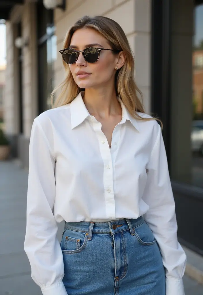 28 Outfit Jupe En Jean That Flatter Every Figure - 13. Effortlessly Cool with a White Shirt