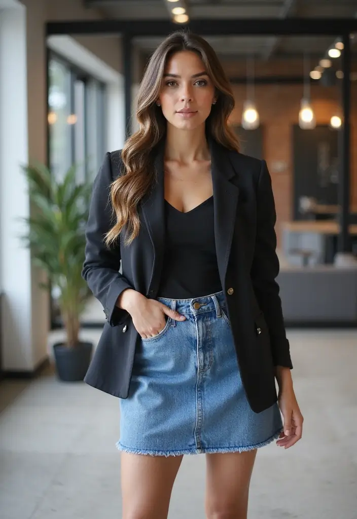 28 Outfit Jupe En Jean That Flatter Every Figure - 14. Trendy with a Fitted Blazer