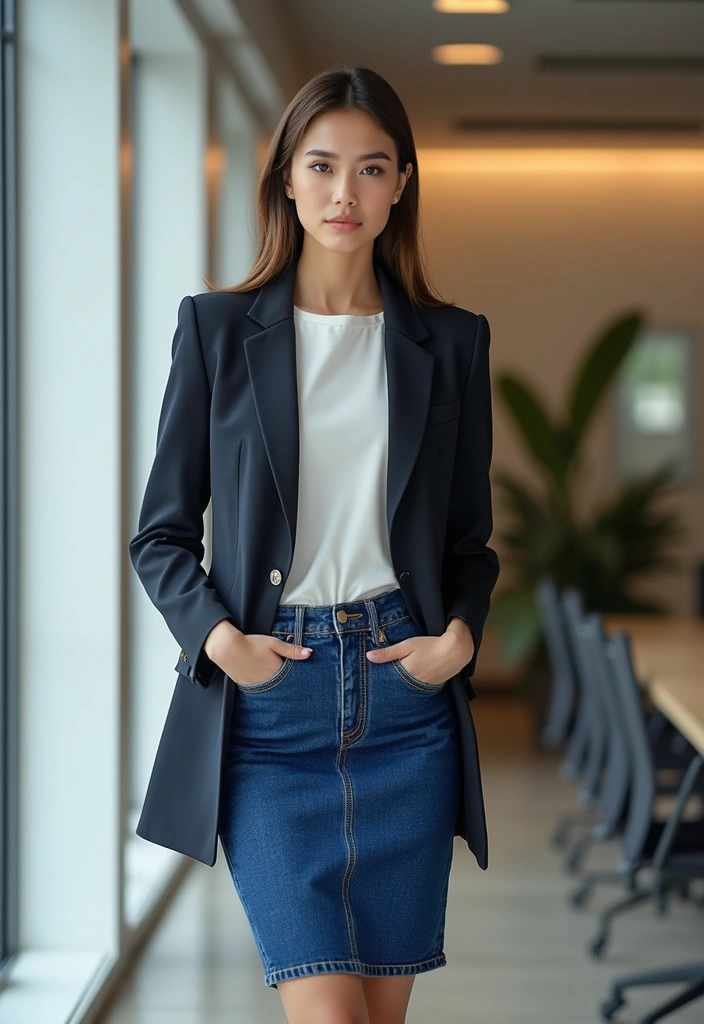 28 Outfit Jupe En Jean That Flatter Every Figure - 23. Work-Ready Ensemble