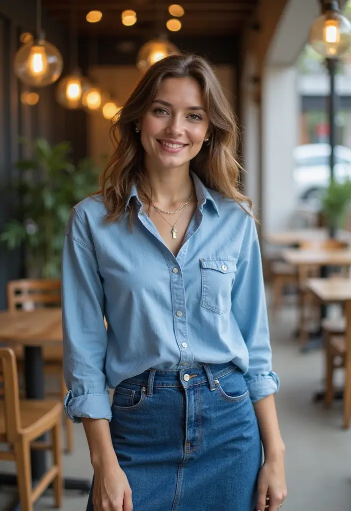 28 Outfit Jupe En Jean That Flatter Every Figure - 9. Layered with a Chambray Shirt
