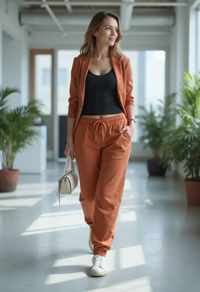 28 Stylish Comfy Work Outfit For Every Occasion - 10. Athleisure Chic: Stylish Joggers and Top