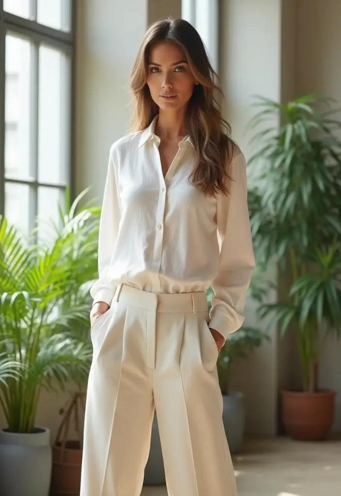 28 Stylish Comfy Work Outfit For Every Occasion - 2. Soft Linen Blouse with Wide-Leg Trousers