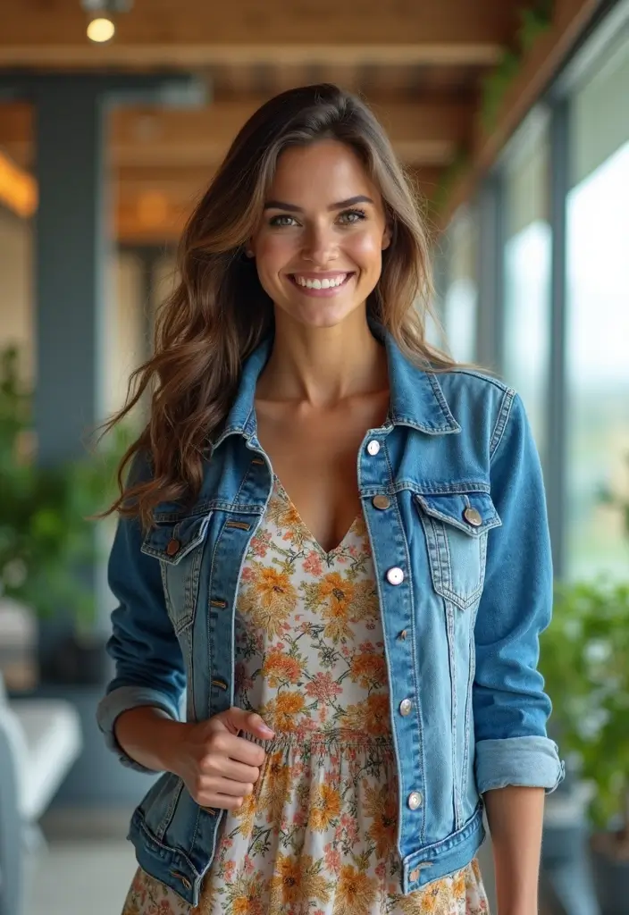 28 Stylish Comfy Work Outfit For Every Occasion - 20. Eco-Friendly Denim Jacket with Dress