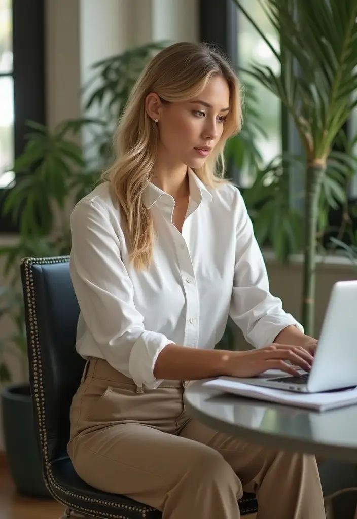 28 Stylish Comfy Work Outfit For Every Occasion - 22. Classic Button-Up Shirt with Wide-Leg Trousers