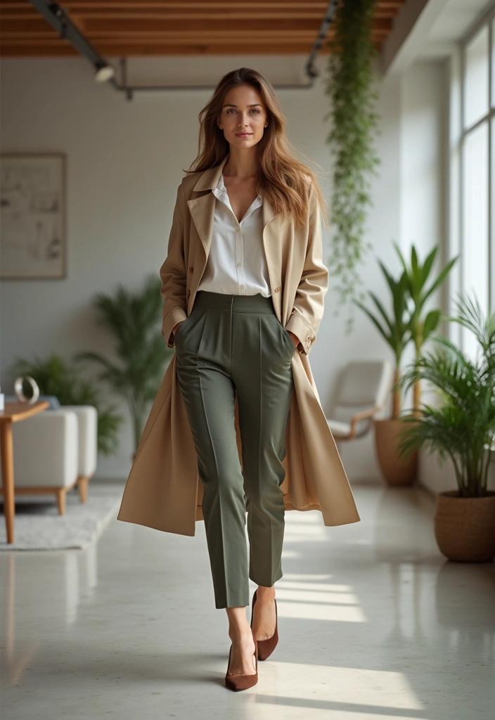 28 Stylish Comfy Work Outfit For Every Occasion - 25. Lightweight Trench Coat with Dress Pants