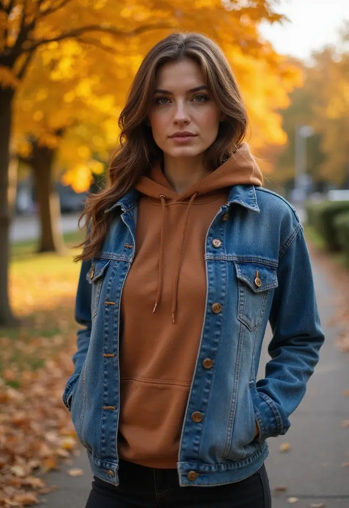 29 Must-Try Brown Hoodie Outfit Combos This Season - 1. Layered with a Sustainable Denim Jacket