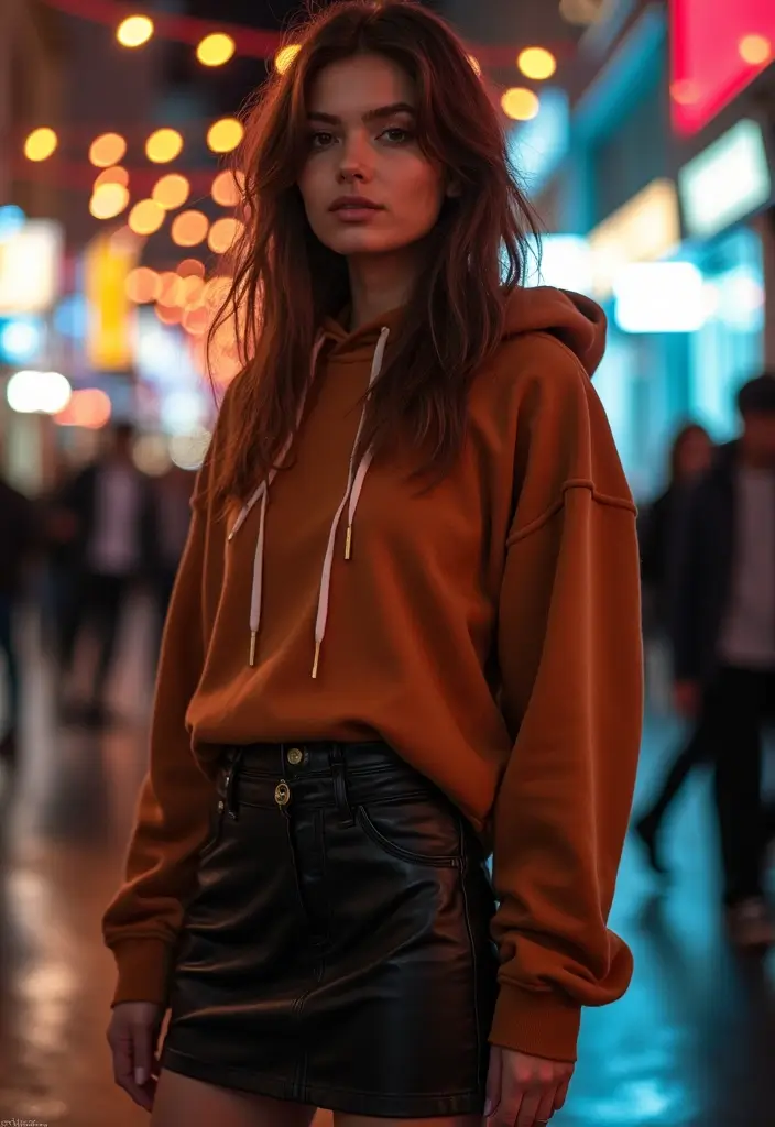 29 Must-Try Brown Hoodie Outfit Combos This Season - 13. Edgy with Leather Skirt