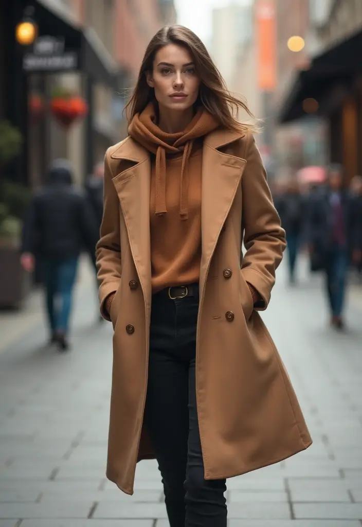 29 Must-Try Brown Hoodie Outfit Combos This Season - 16. Layering with a Long Coat
