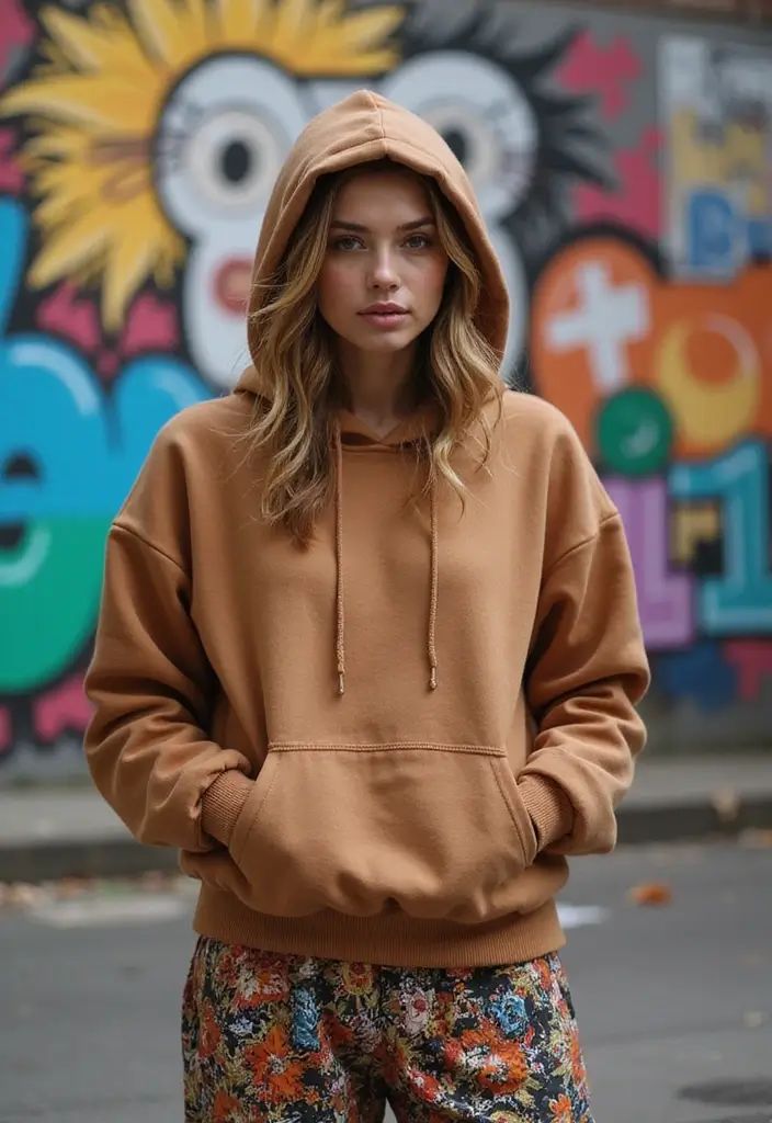 29 Must-Try Brown Hoodie Outfit Combos This Season - 18. Quirky with Patterned Pants