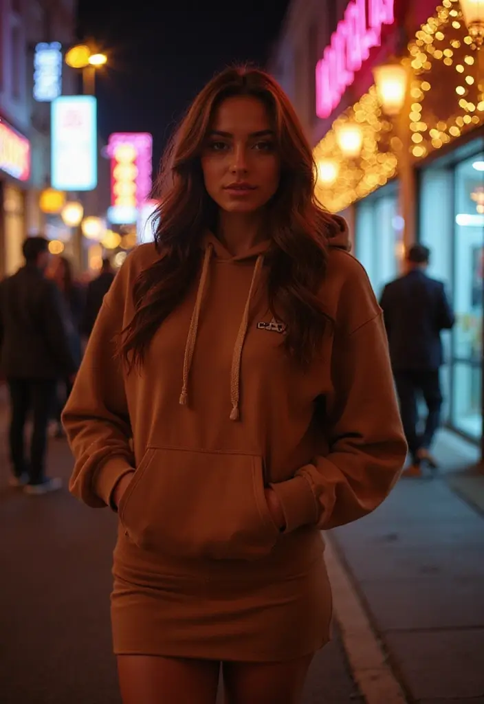 29 Must-Try Brown Hoodie Outfit Combos This Season - 19. Evening Out with a Mini Skirt