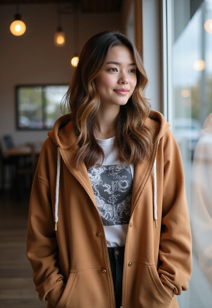 29 Must-Try Brown Hoodie Outfit Combos This Season - 20. Casual with a Graphic Tee