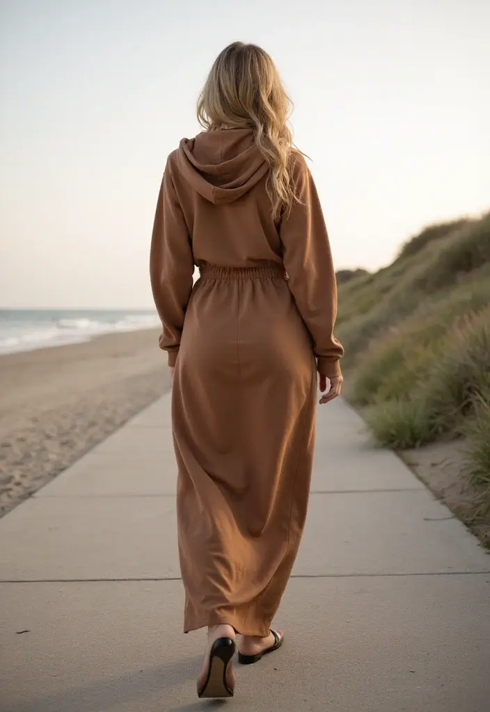 29 Must-Try Brown Hoodie Outfit Combos This Season - 21. Relaxed with a Long Maxi Dress
