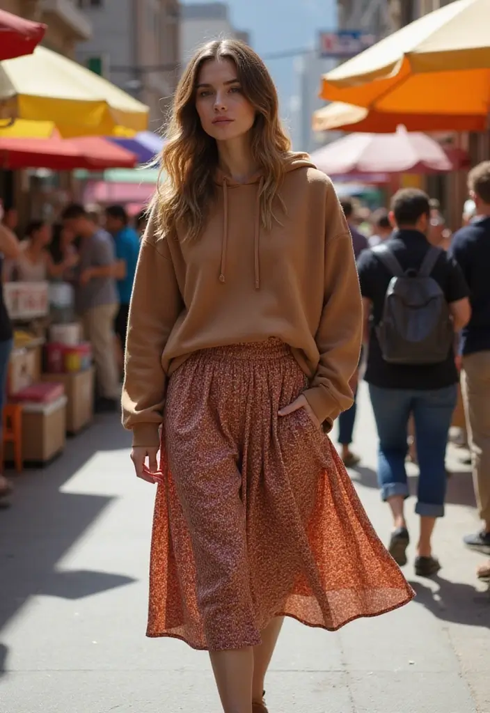 29 Must-Try Brown Hoodie Outfit Combos This Season - 5. Trendy with a Midi Skirt