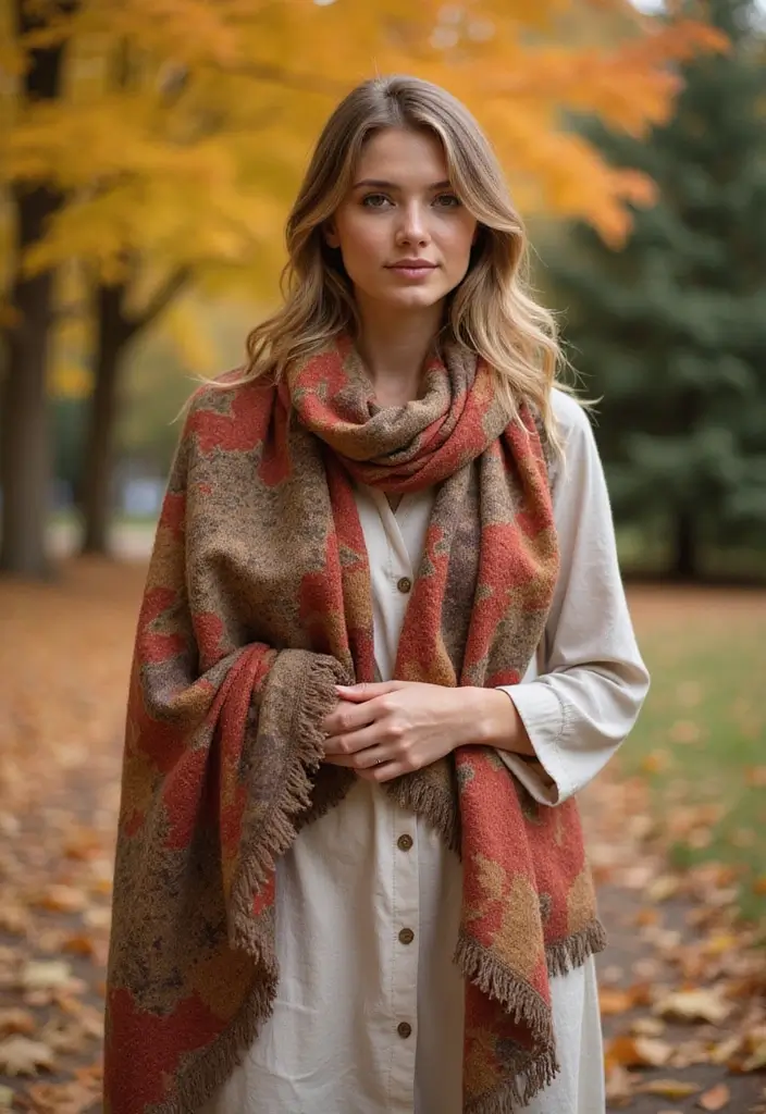 29 Must-Try Fall Church Outfit Combos This Season - 14. Fall Print Shawl Over a Simple Dress