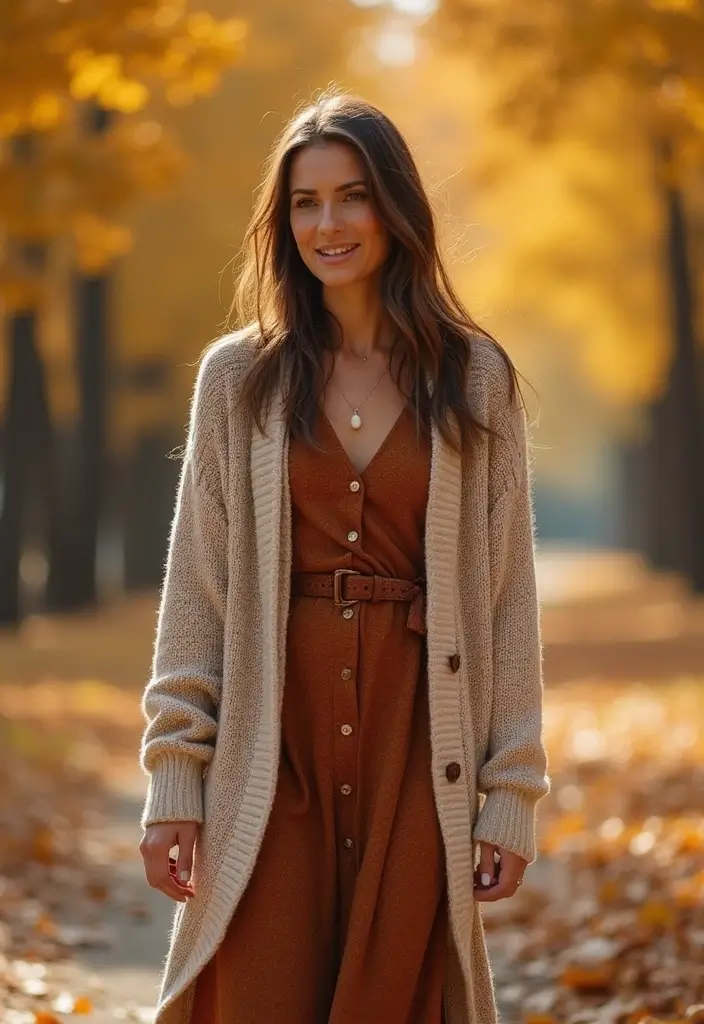 29 Must-Try Fall Church Outfit Combos This Season - 20. Long-Sleeved Dress with a Chunky Cardigan