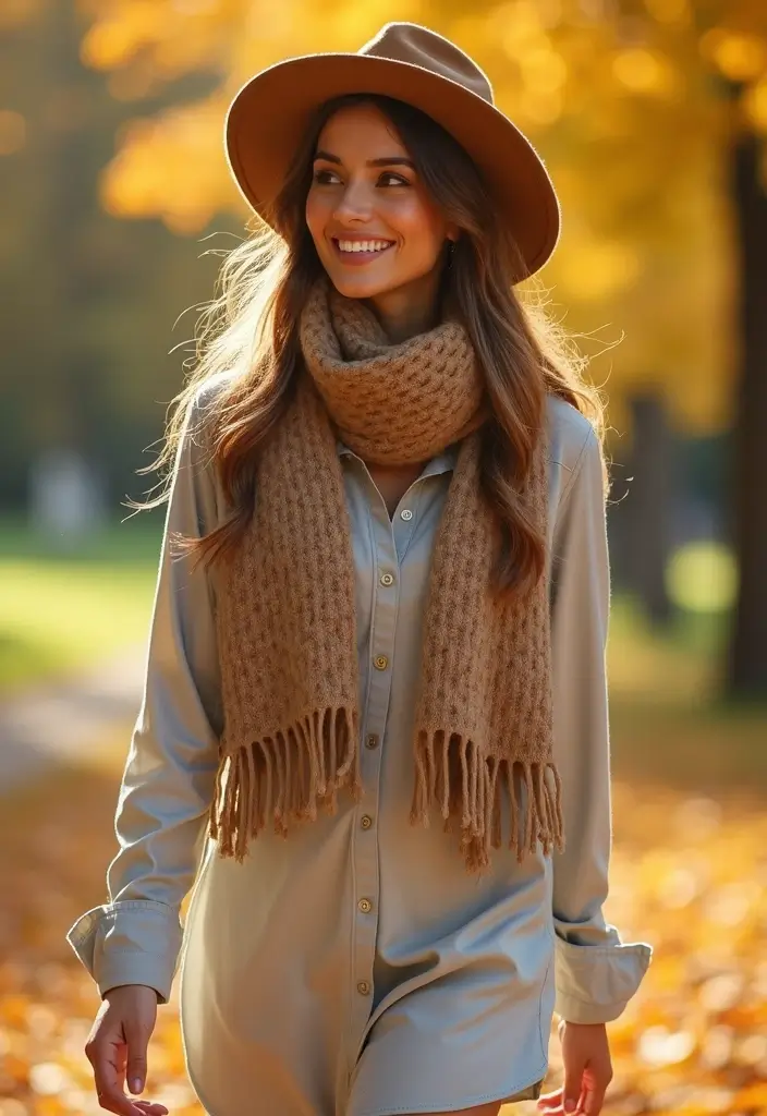 29 Must-Try Fall Church Outfit Combos This Season - 25. Casual Shirt Dress with a Warm Scarf
