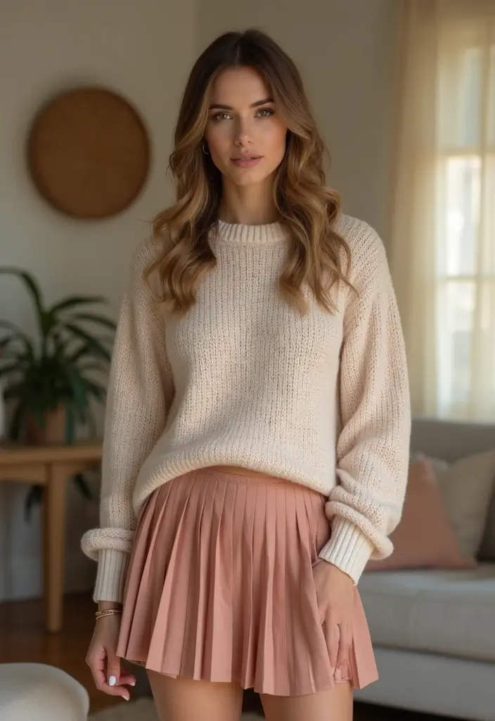 29 Soft Girl Aesthetic Outfit Ideas That Feel Effortless - 1. Pastel Sweater with a Pleated Mini Skirt