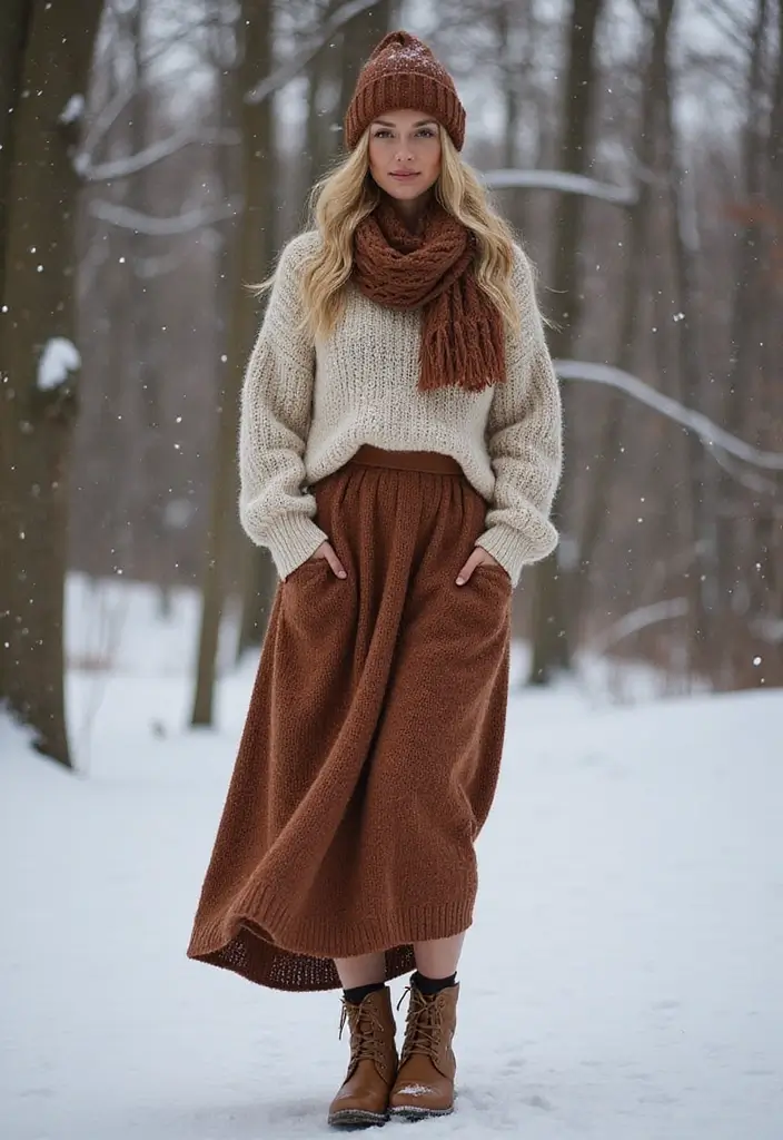 29 Stylish Long Skirt Winter Outfit For Every Occasion - 1. Cozy Knit Maxi with Ankle Boots