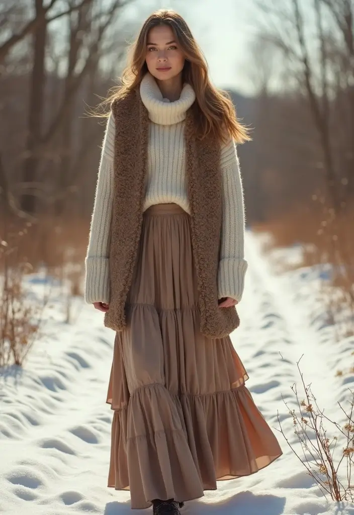 29 Stylish Long Skirt Winter Outfit For Every Occasion - 11. Long Tiered Skirt with Sweater Vest