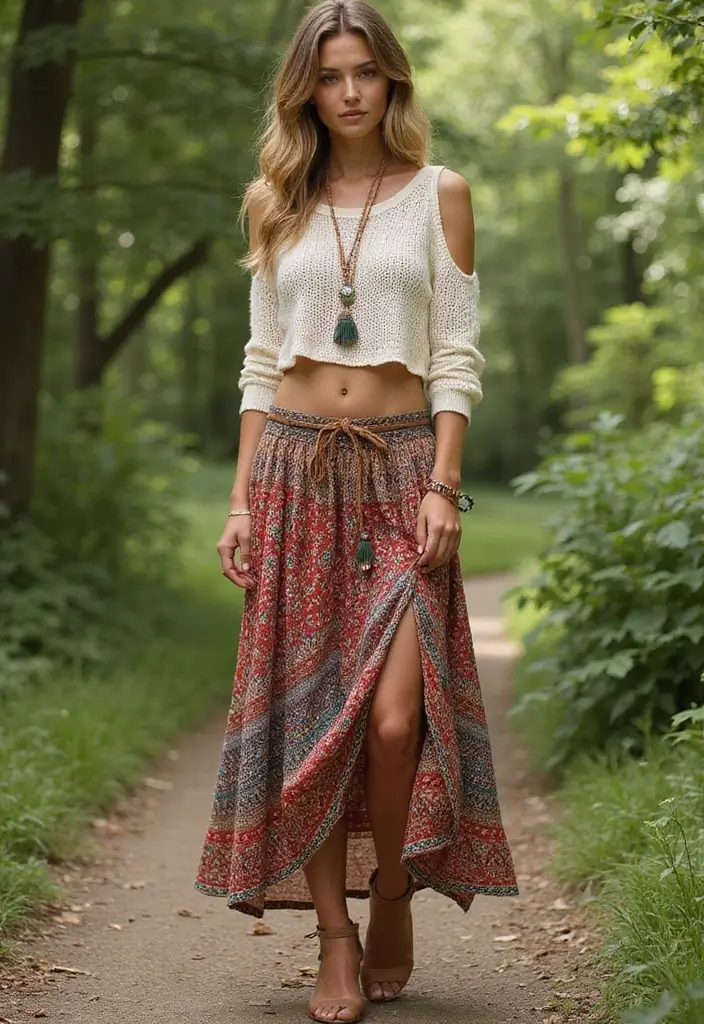 29 Stylish Long Skirt Winter Outfit For Every Occasion - 13. Bohemian Long Skirt with Cropped Sweater