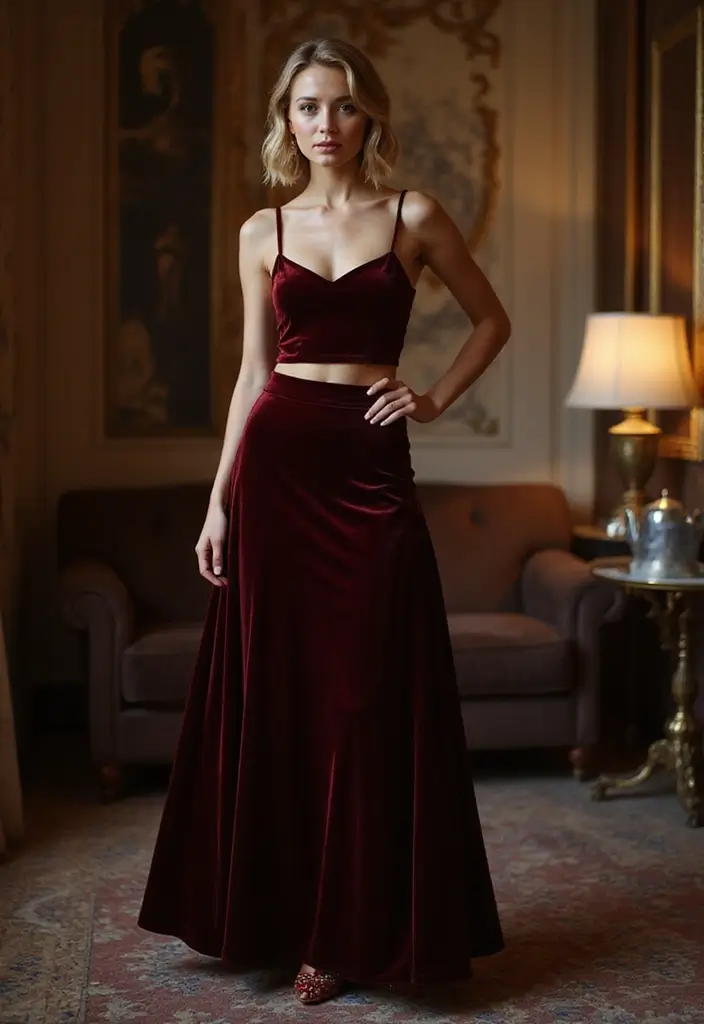 29 Stylish Long Skirt Winter Outfit For Every Occasion - 15. Long Velvet Skirt with Fitted Top