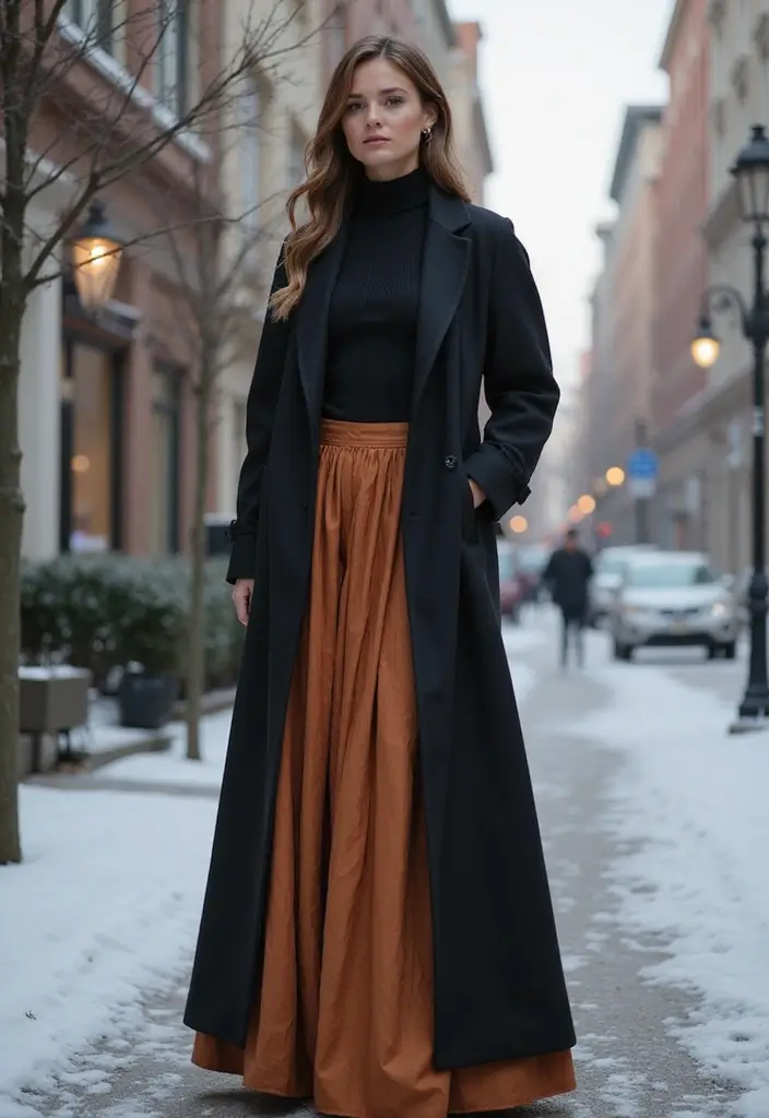 29 Stylish Long Skirt Winter Outfit For Every Occasion - 16. Long Skirt with a Mock Neck