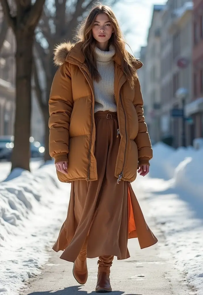 29 Stylish Long Skirt Winter Outfit For Every Occasion - 17. Long Skirt with a Puffer Jacket